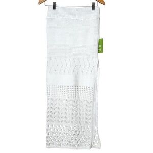 Boho Crochet White Open Weave Stretchy Elastic Waist Side Slit Beachy Cover Up